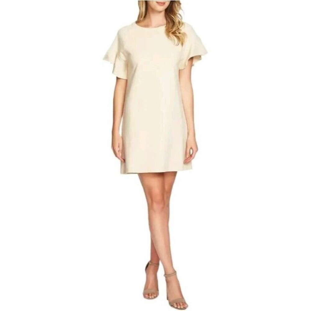 1.STATE French Terry T-Shirt Dress Ruffle Sleeve Beige Oatmeal Size S NEW